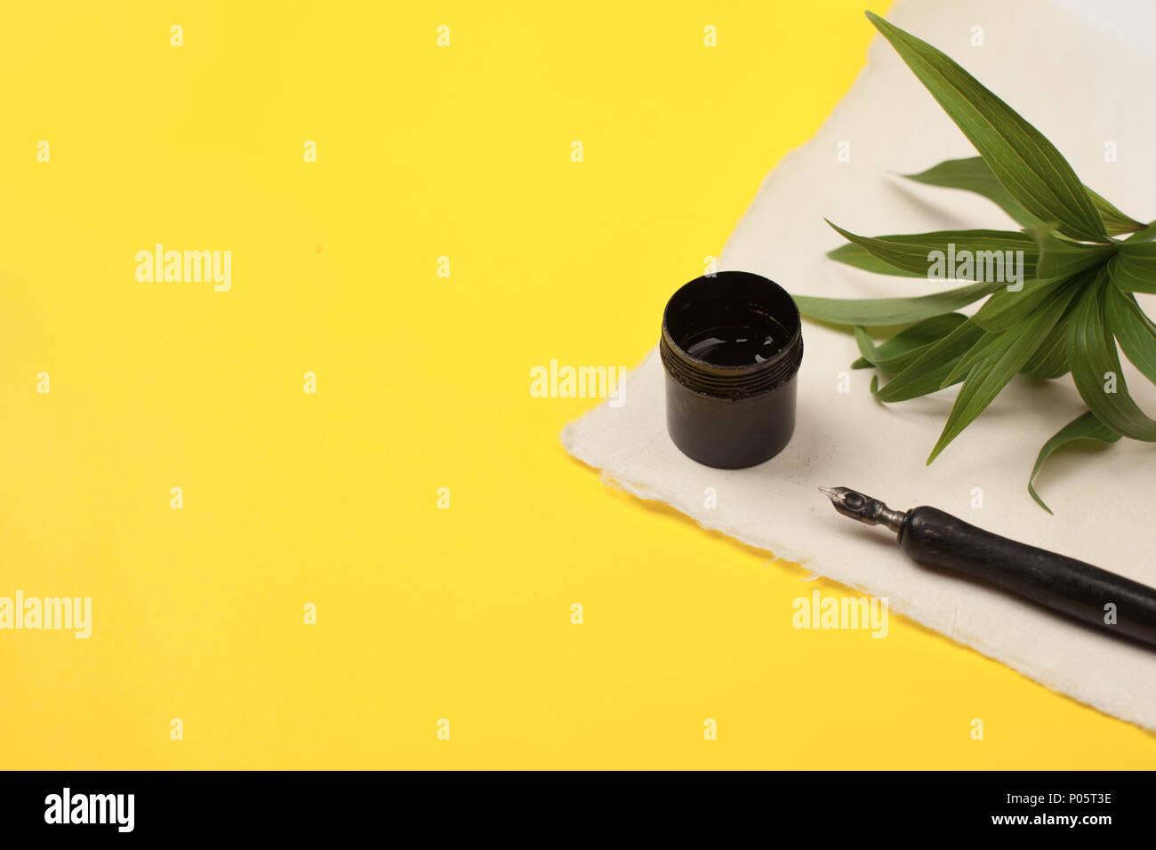 Paper, ink and calligraphy pens. Lettering details Stock Photo