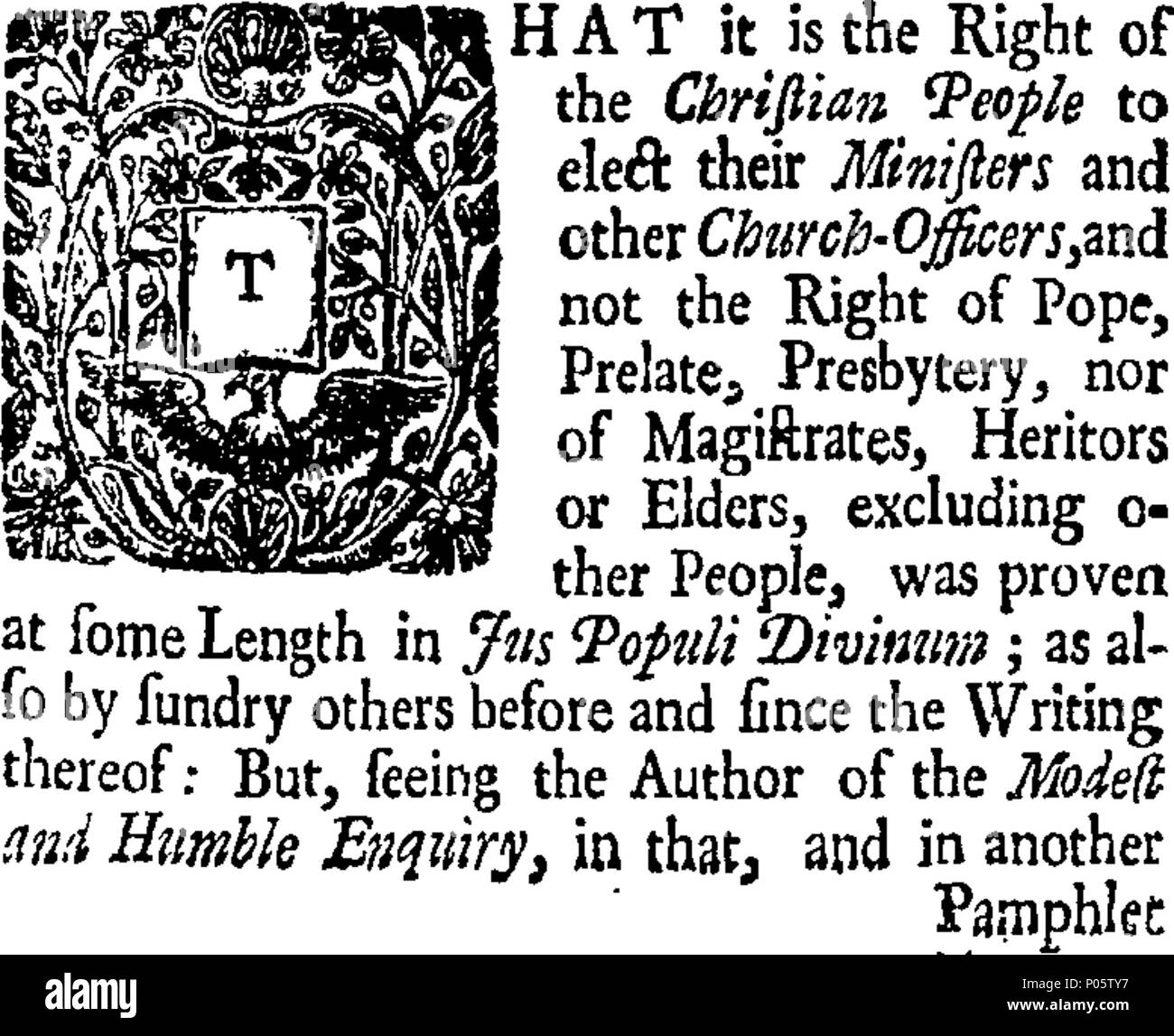 . English: Fleuron from book: A full vindication of the people's right to elect their own pastors. Wherein a discovery is made of the false reasonings, ... of the author of two late pamphlets; the one intituled, A modest and humble enquiry concerning the right and power of electing and calling ministers to vacant churches; the other, The publick testimony made more publick. By Mr. John Currie ... 101 A full vindication of the people's right to elect their own pastors Fleuron T144780-2 Stock Photo