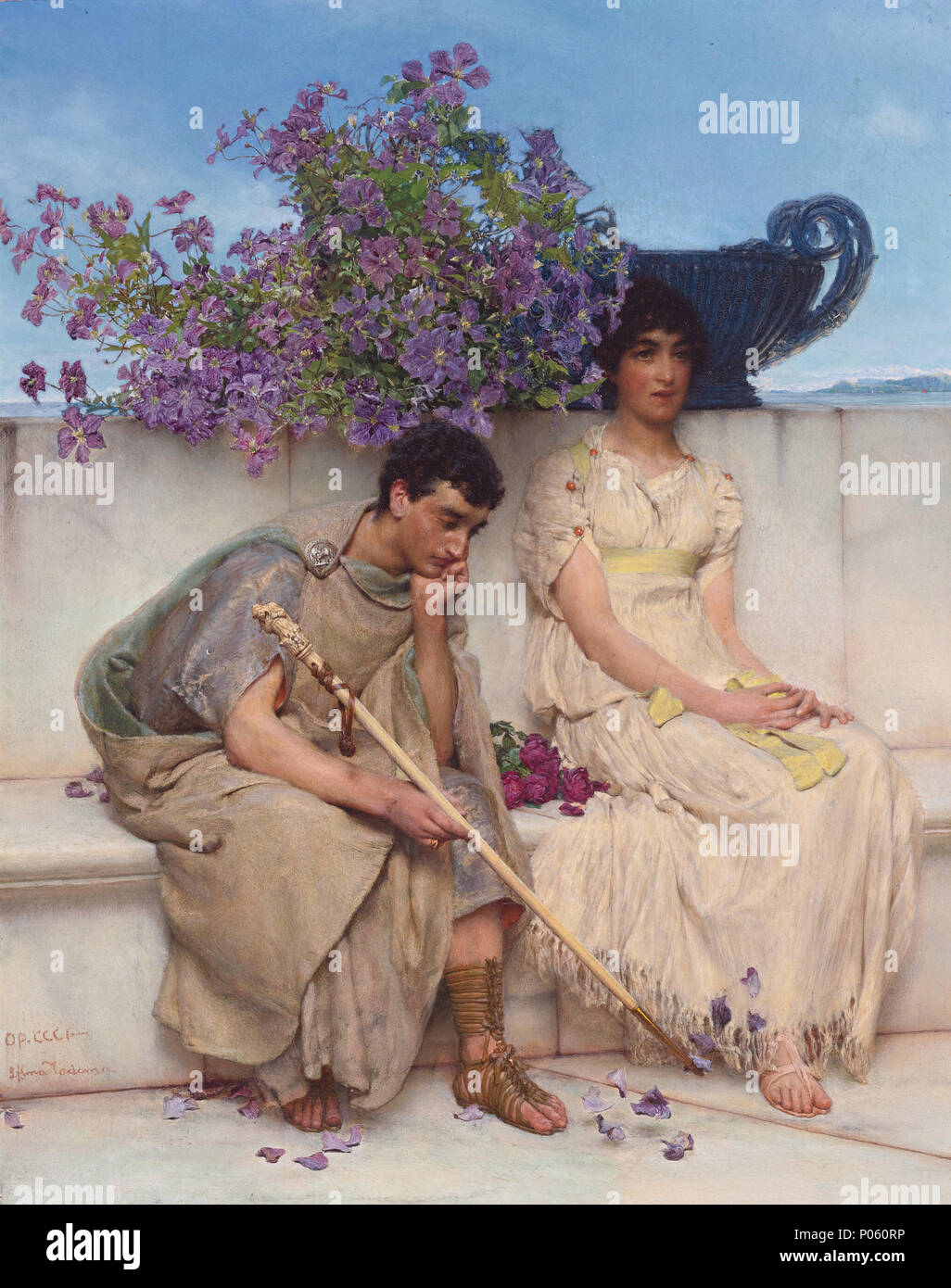 .  English: An eloquent silence  An eloquent silence  *oil on panel  *42 x 33 cm  *1890  *signed l.l.: OP. CCCI -  / L.  Alma Tadema 312 An eloquent silence, by Lawrence Alma-Tadema Stock Photo