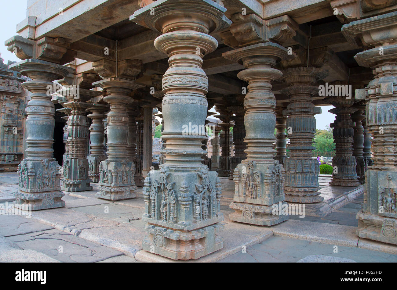 Carved pillars of the Mahadeva Temple, was built circa 1112 CE by Mahadeva, Itagi, Karnataka, India Stock Photo