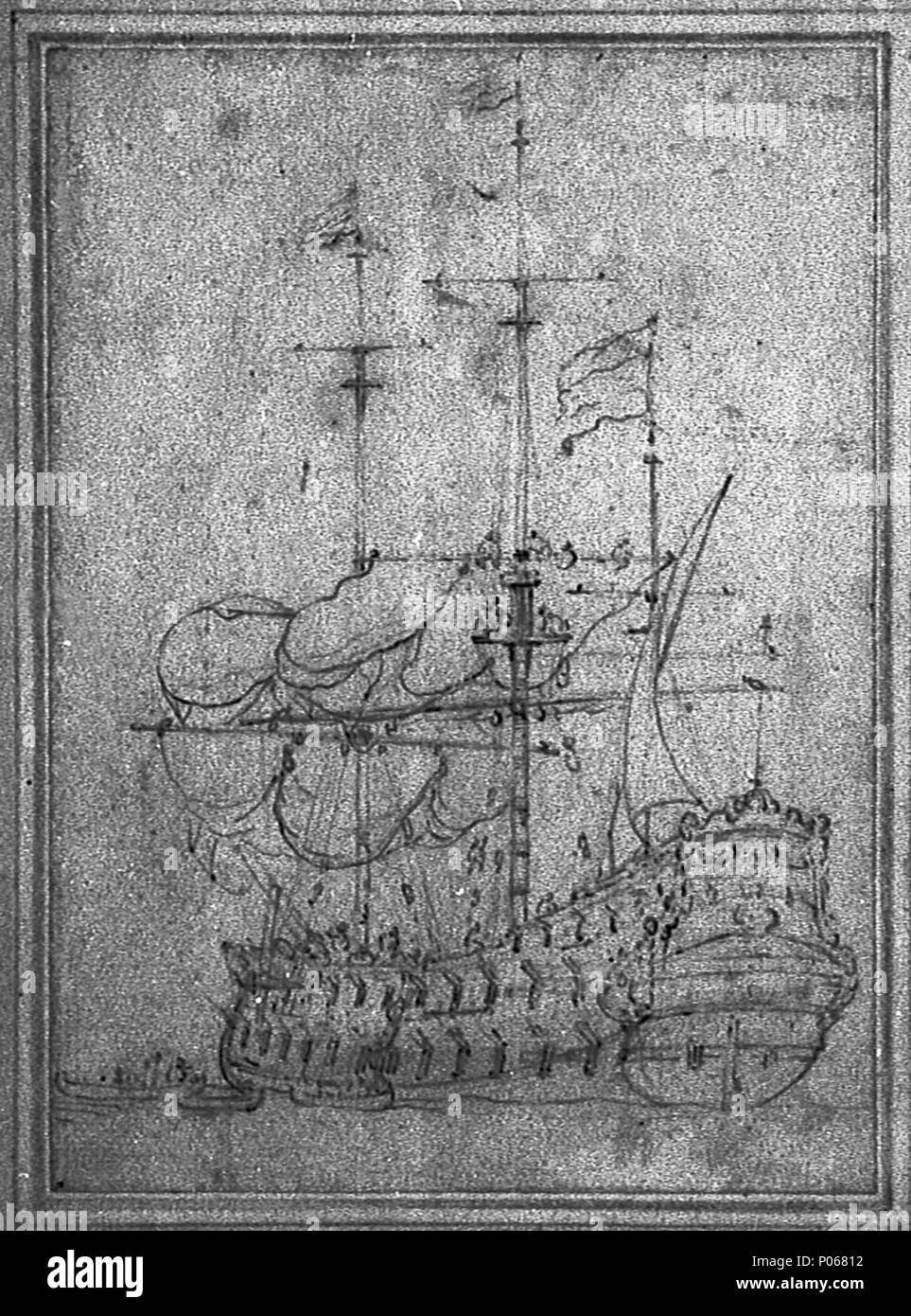 .  English: A Dutch flagship furling her sails This port quarter view of a Dutch ship with boats alongside is an offset image, taken from the same original as PAE5245. In this version the artist has worked up the drawing in pencil, paying particular attention to the masts and sails: the ship is having its mizzen set, its fore course clewed up and fore and main topsails loosed on the cap. Several men are aloft the main, ready to furl the sails. This drawing and PAE5245 belong to a group of five images, all worked up from offsets (see also PAF6871, PAF6872 and PAF6873). A Dutch flagship furling  Stock Photo