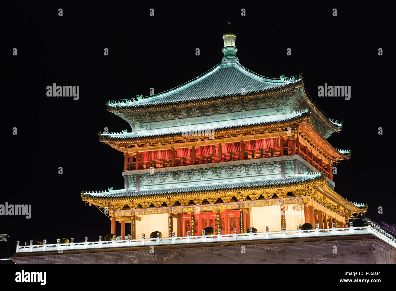 Famous Bell Tower in the Xi'an city, China. Xi'an is capital of Shaanxi Province and one of the oldest cities in China. Xi'an is the starting point of Stock Photo