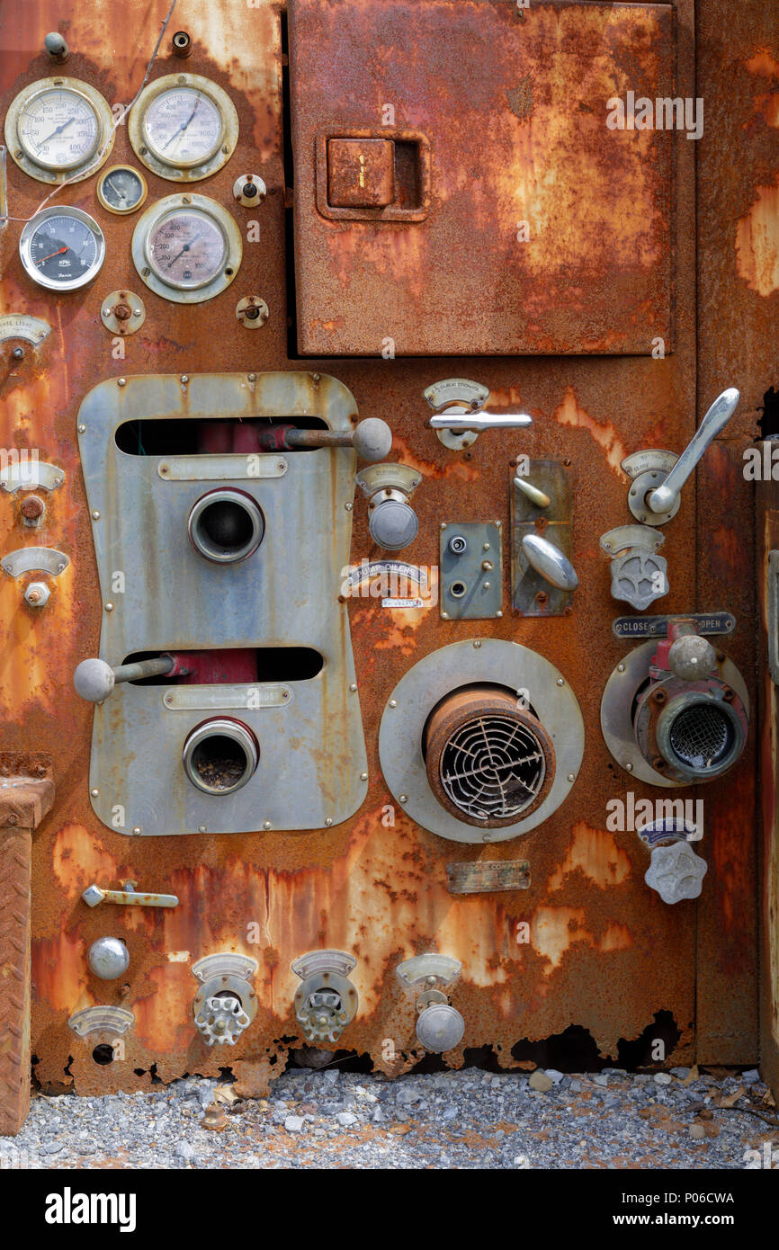 Saratoga County, New York: Gauges and valves on a rusting old fire truck. Stock Photo