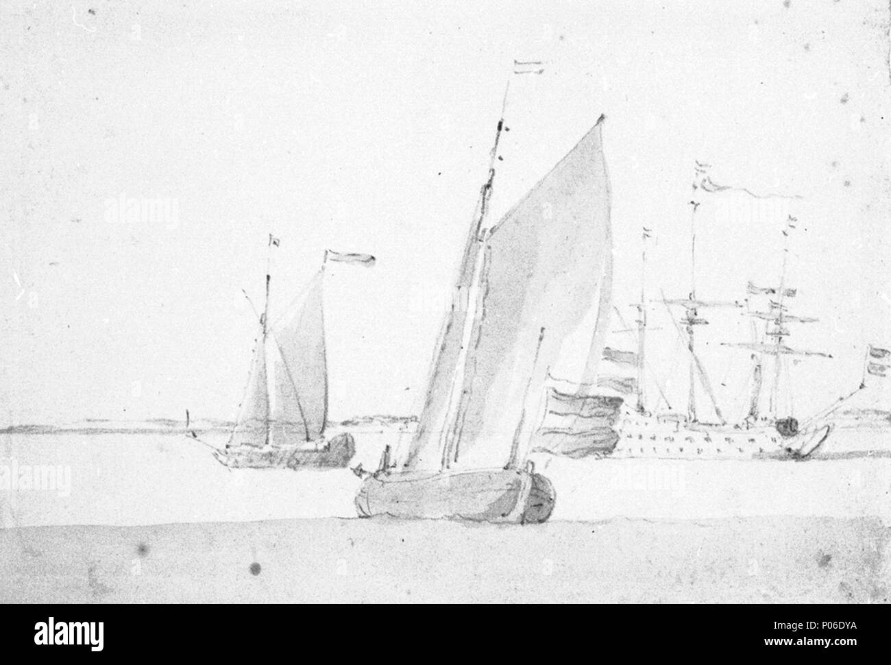 .  English: A galjoot close-hauled A weather quarter view of a galjoot close-hauled on the port tack. A States yacht crossing her bows on the starboard tack. In the right background, a ship is at anchor. Land is depicted in the distance. This is an unsigned pencil and wash drawing by the Elder. A galjoot close-hauled  . circa 1665. Willem Van de Velde, the Elder 102 A galjoot close-hauled RMG PW6791 Stock Photo