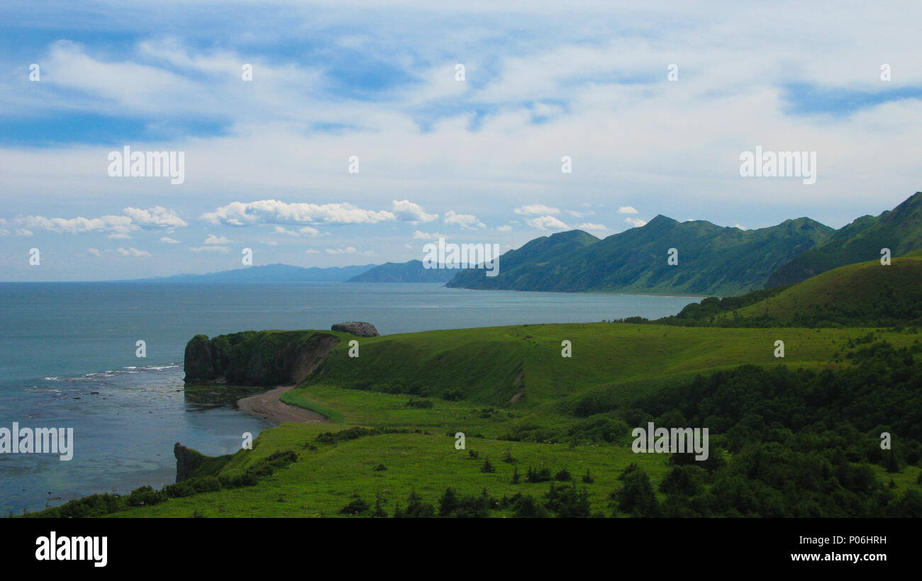 Aerial view to Tikhaya Bukhta bay at Sakhalin island in Russia Stock Photo