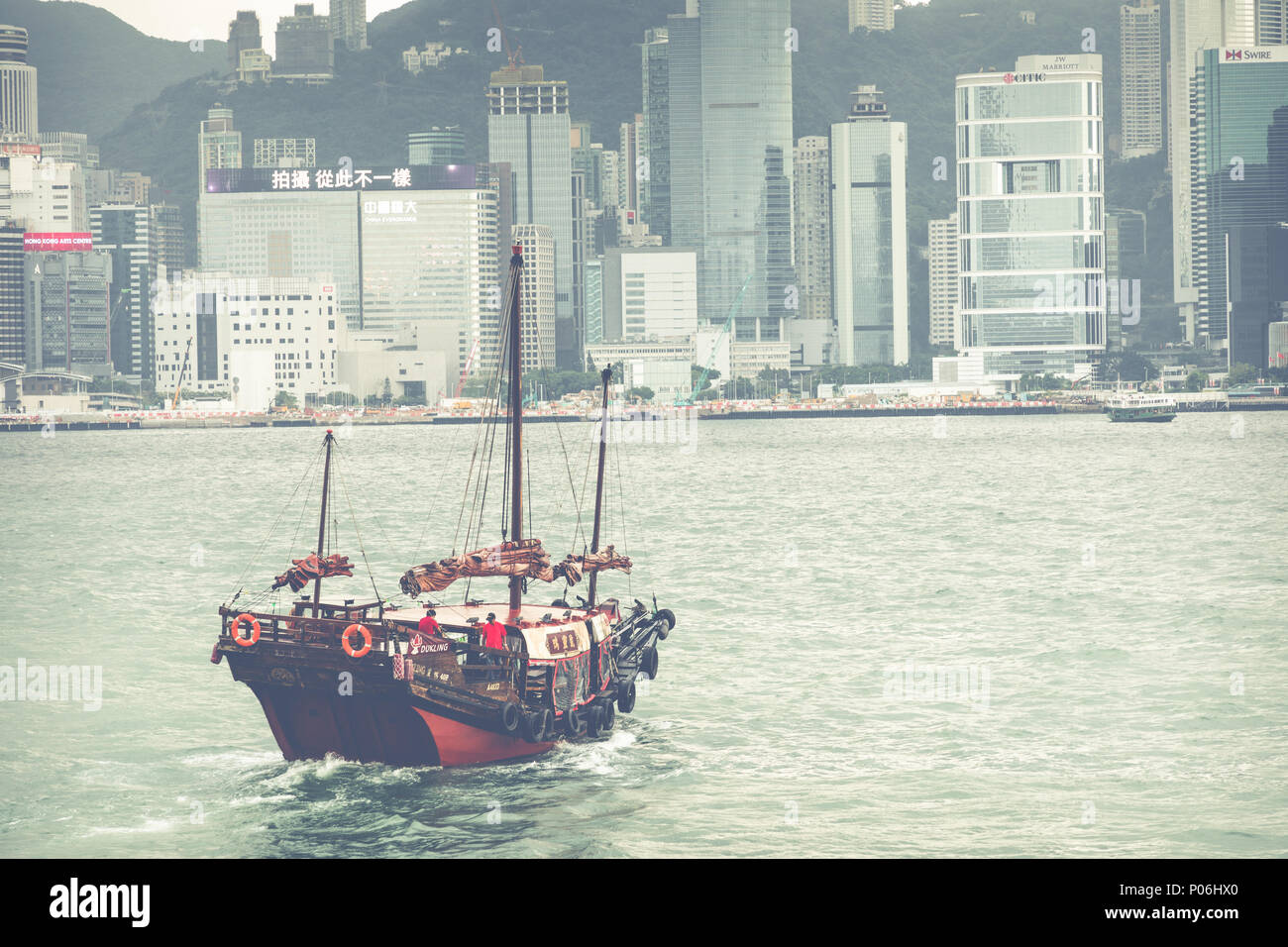 HONG KONG, JUNE 05, 2018 Traditional Chinese wooden sailing ship with