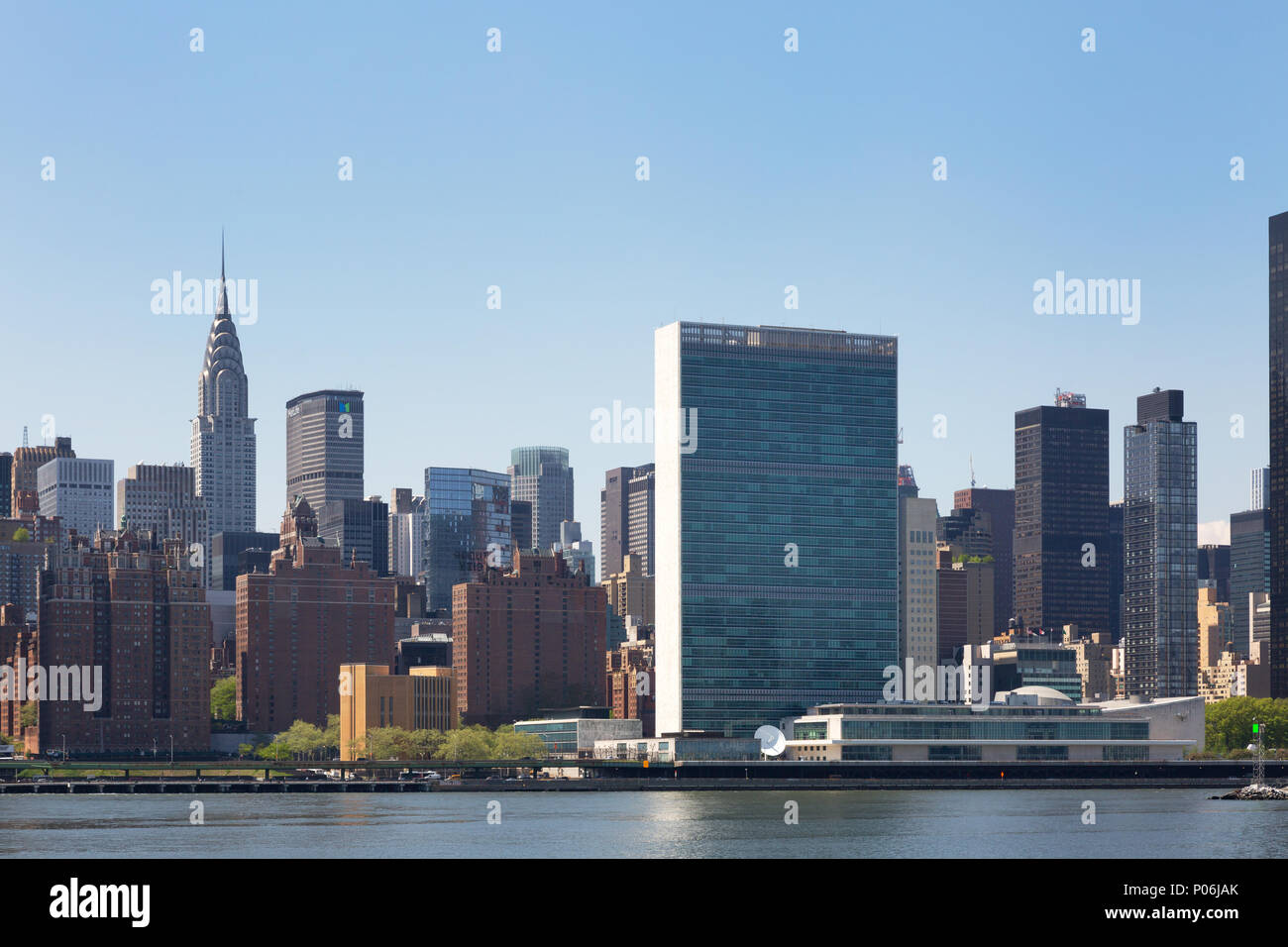 The United Nations Headquarters building, East River, New York city USA Stock Photo