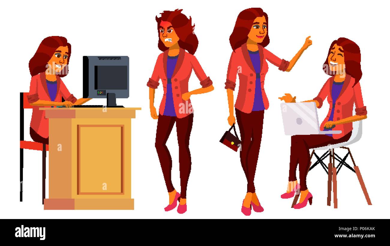Office Worker Vector. Woman. Modern Employee, Laborer. Business Woman. Arab, Saudi Face Emotions, Various Gestures. Flat Cartoon Illustration Stock Vector