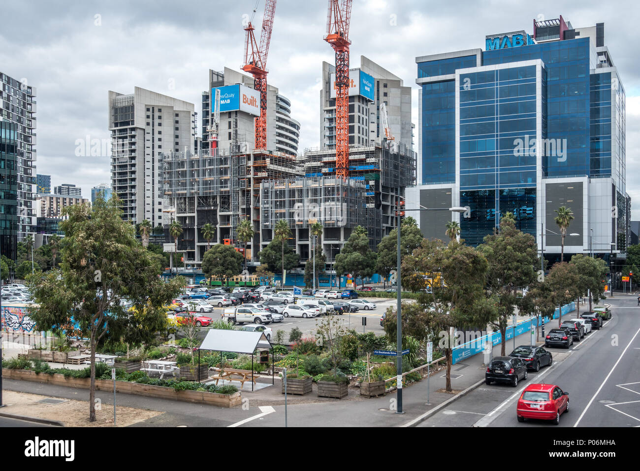 Community Gardens, public car park and modern buildings in Docklands
