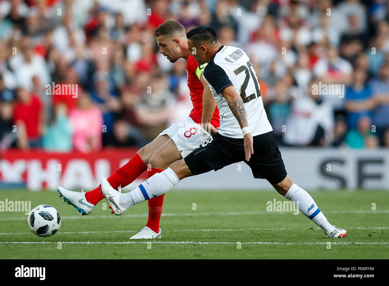 Leeds, UK. 7th Jun, 2018. Jordan Henderson of England and David Guzman of Costa Rica during the International Friendly match between England and Costa Rica at Elland Road on June 7th 2018 in Leeds, England. (Photo by Daniel Chesterton/phcimages.com) Credit: PHC Images/Alamy Live News Stock Photo