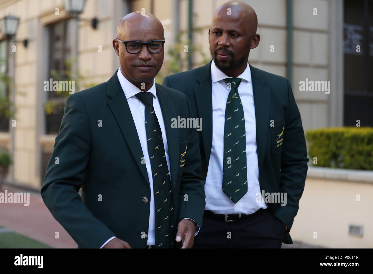 Johannesburg, South Africa. 8th June, 2018. Springboks media officer Rayaan Adrianse with Mzwandile Stick (Backs Coach) of South Africa during the South African Springbok team photo, Tsogo Sun Montecasino Hotel Johannesburg Credit: Action Plus Sports/Alamy Live News Stock Photo