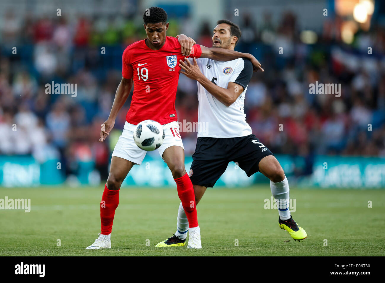 Leeds, UK. 7th Jun, 2018. Marcus Rashford of England and Celso Borges of Costa Rica during the International Friendly match between England and Costa Rica at Elland Road on June 7th 2018 in Leeds, England. (Photo by Daniel Chesterton/phcimages.com) Credit: PHC Images/Alamy Live News Stock Photo