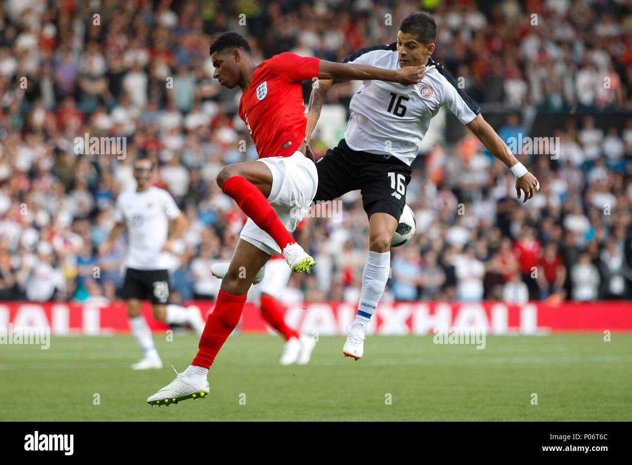 Leeds, UK. 7th Jun, 2018. Marcus Rashford of England and Cristian Gamboa of Costa Rica during the International Friendly match between England and Costa Rica at Elland Road on June 7th 2018 in Leeds, England. (Photo by Daniel Chesterton/phcimages.com) Credit: PHC Images/Alamy Live News Stock Photo