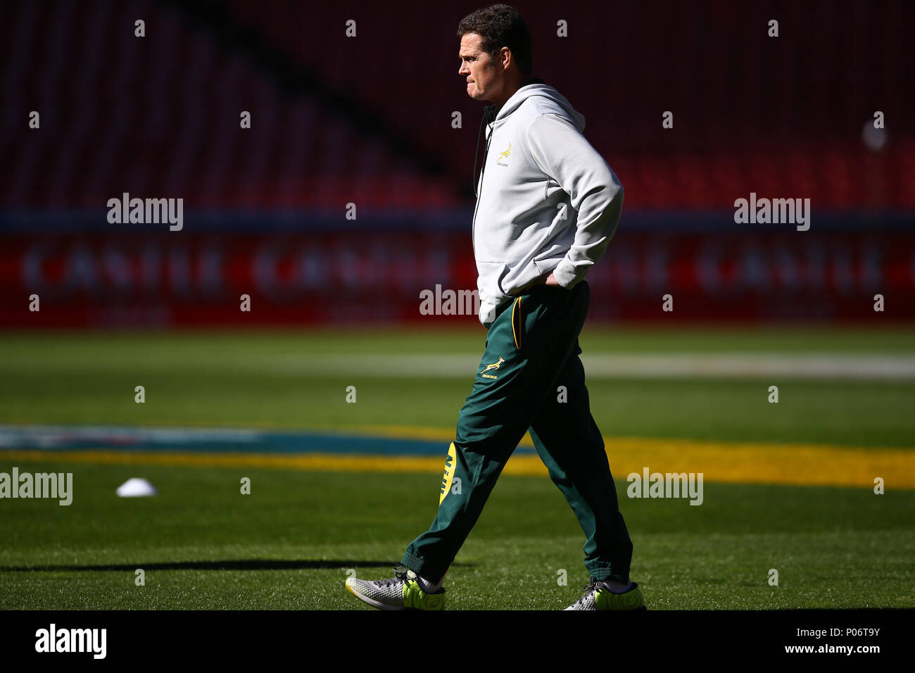 Johannesburg, South Africa. 8th June 2018, Emirates Airline Park, Johannesburg, South Africa; 8th June 2018, Emirates Airline Park, Johannesburg, South Africa; Rassie Erasmus (Head Coach) of South Africa during the South African - Springbok Captain's Run Credit: Action Plus Sports Images/Alamy Live News Stock Photo