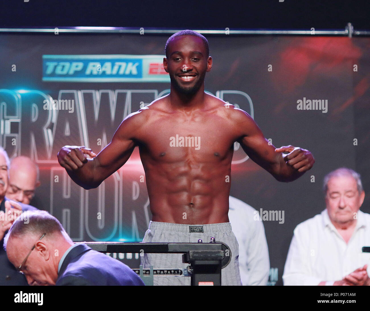 Las Vegas, Nevada, USA. 8th June, 2018. Undisputed junior welterweight Boxing Champion Terrence Crawford smiles after making weight on June 8, 2018 for the WBO Welterweight World title fight againgst Jeff Horn at the MGM Grand Arena in Las Vegas, Nevada. Credit: Marcel Thomas/ZUMA Wire/Alamy Live News Stock Photo