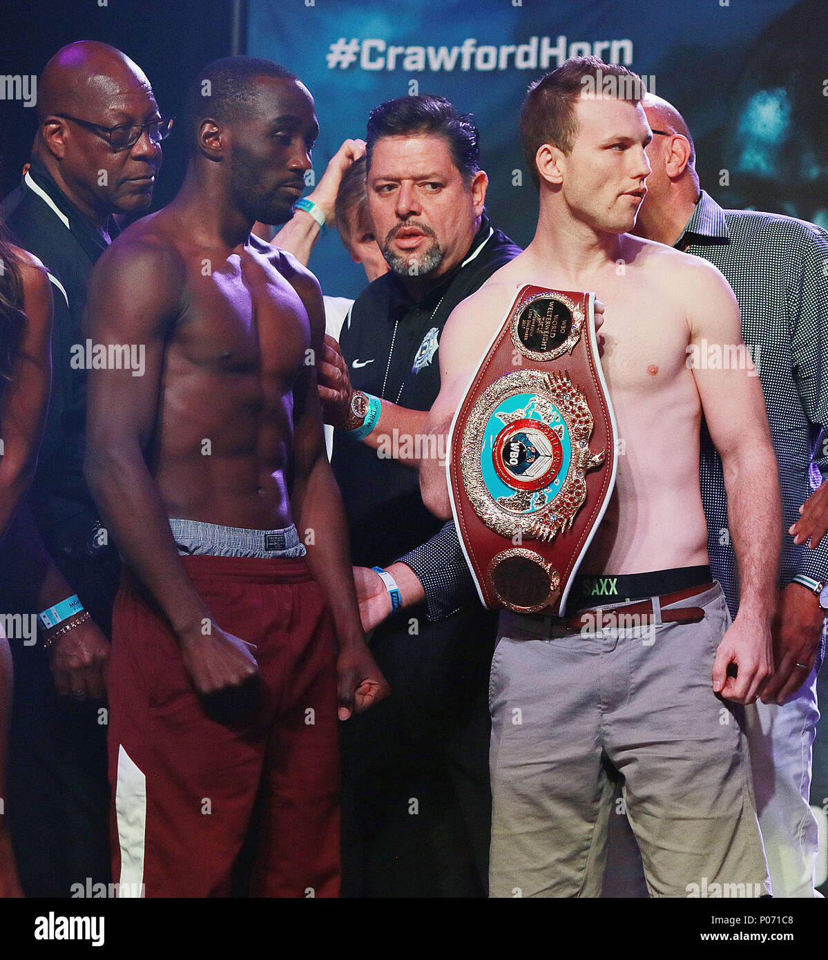 Las Vegas, Nevada, USA. 8th June, 2018. WBO Welterweight Boxing Champion Jeff Horn and undisputed Welterweight Champion Terrence Crawford square off at the weighin ceremony on June 8, 2018 for their