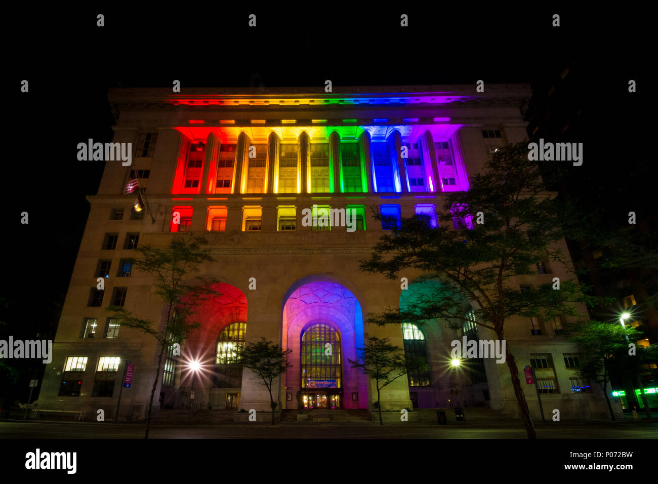 Pittsburgh, PA, USA.  8 June, 2018.  The Pittsburgh City-County Building is illuminated in rainbow colored lights in support of Pittsburgh Pride Week 2018, and Pride Month.  LGBT Pride Month is celebrated each year in the month of June around the world.  Credit: Amy Cicconi/Alamy Live News Stock Photo