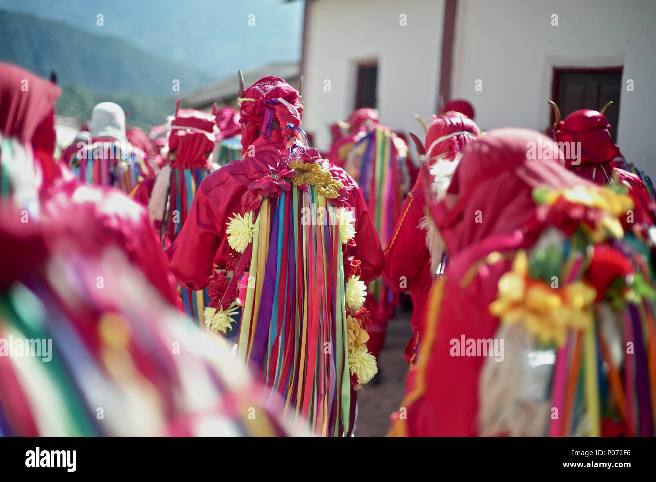 Atanquez, Cesar, Colombia. 31st May, 2018. At the foothill of the snow-covered peaks of Sierra Nevada, within the Kankuamo Indians territory, a colorful celebration of the Christian feast of Corpus Christi is held every year. It us a Christian religious event that normally coincides with the summer solstice. Pagan Demon characters, Indian sacred places and other Pre-Columbian features are incorporated. The ritual represents an allegorical fight between the God and the Devil."The Dance of the Devils"" is an ancient tradition kept for centuries in few communities on the Colombia's Caribbean c Stock Photo
