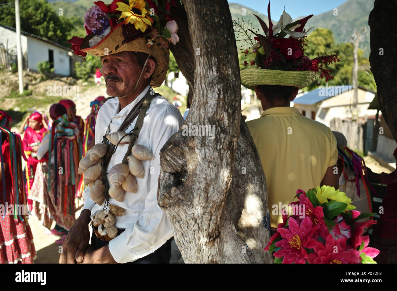 Atanquez, Cesar, Colombia. 31st May, 2018. At the foothill of the snow-covered peaks of Sierra Nevada, within the Kankuamo Indians territory, a colorful celebration of the Christian feast of Corpus Christi is held every year. It us a Christian religious event that normally coincides with the summer solstice. Pagan Demon characters, Indian sacred places and other Pre-Columbian features are incorporated. The ritual represents an allegorical fight between the God and the Devil."The Dance of the Devils"" is an ancient tradition kept for centuries in few communities on the Colombia's Caribbean c Stock Photo