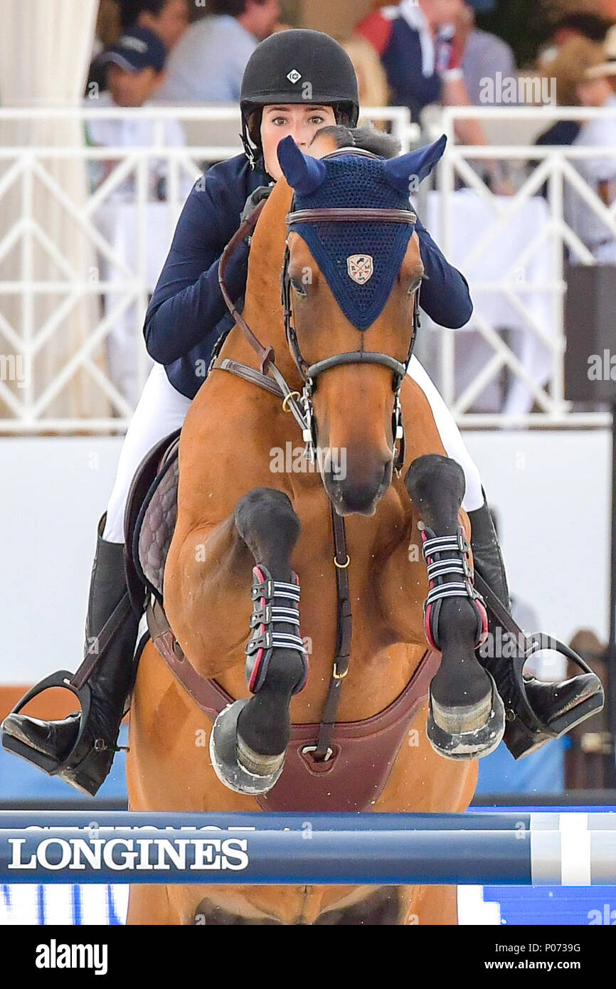 Cannes, France. 08th June, 2018. American Jessica Springsteen on RMF Zecilie competes during the 2018 Longines Global Champions Tour CSI5 stars in Cannes on June 08, 2018 Credit: BTWImages Sport/Alamy Live News Stock Photo