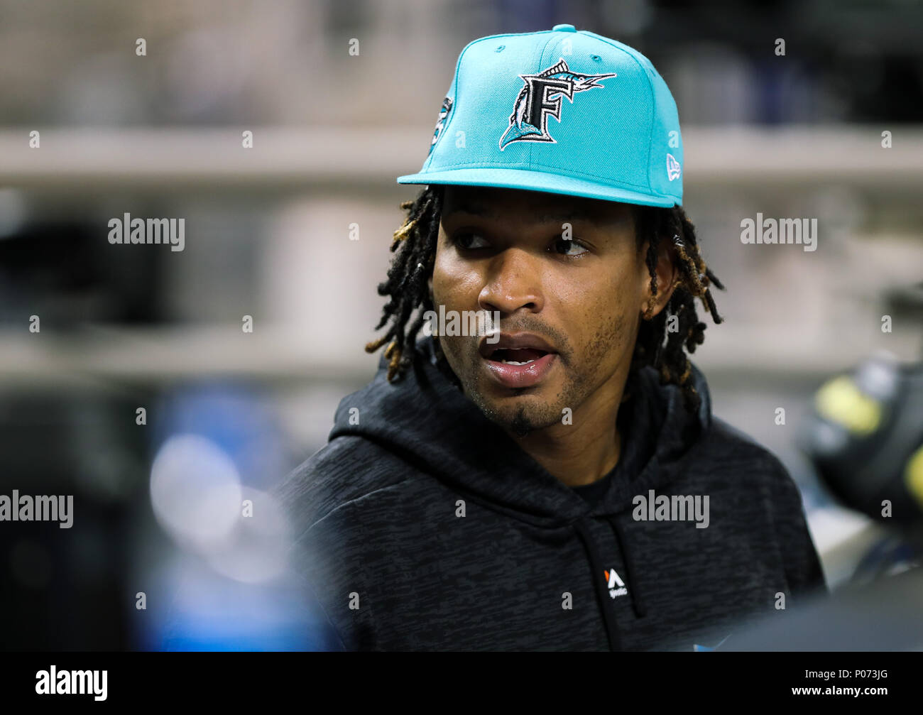 Miami, Florida, USA. 08th June, 2018. Miami Marlins starting pitcher Jose Urena (62) in the dugout during a MLB game between the San Diego Padres and the Miami Marlins at the Marlins Park, in Miami, Florida. The Marlins won 4-0. Mario Houben/CSM/Alamy Live News Stock Photo