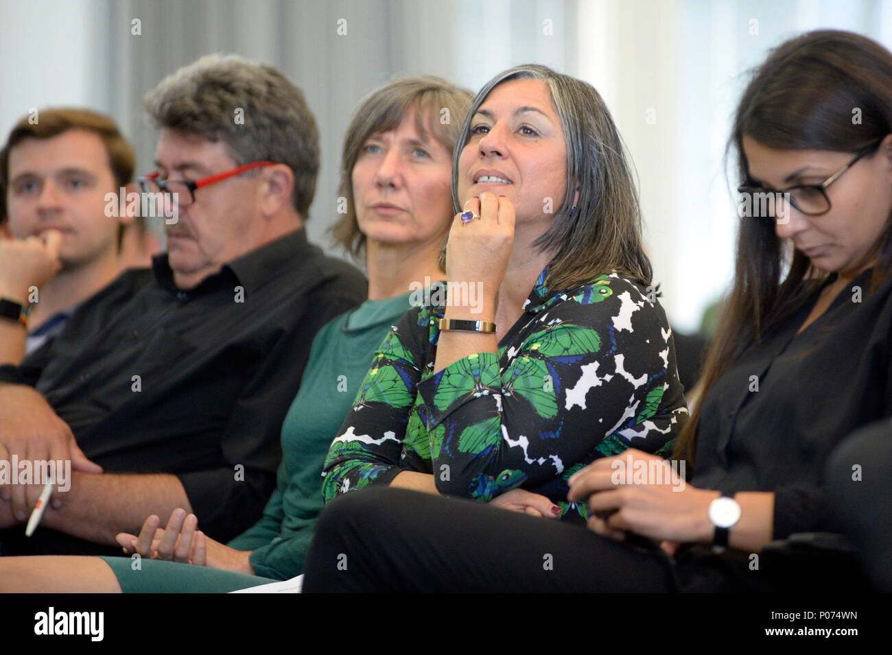 Vienna, Austria. May 9, 2018. National Assembly of the Green Party Vienna. Roadmap to the renewal process of the Green Vienna. Discussion and vote 'modalities leading candidate'. Picture shows Birgit Hebein (2nd from L)  and Maria Vassilakou (3rd from L), councilor and vice-mayor of the city of Vienna. Credit: Franz Perc / Alamy Live News Stock Photo