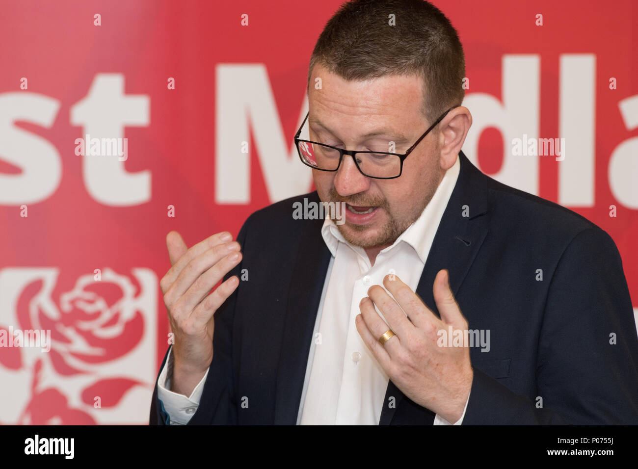 Queens Walk Community Centre, Nottingham, Nottinghamshire, England, UK. 9th.June 2018. Labour Party event. Andrew Gwynne MP, Shadow Secretary of State for Communities and Local Government, speaking at the Labour Party local government day. Alan Beastall/Alamy Live News Stock Photo
