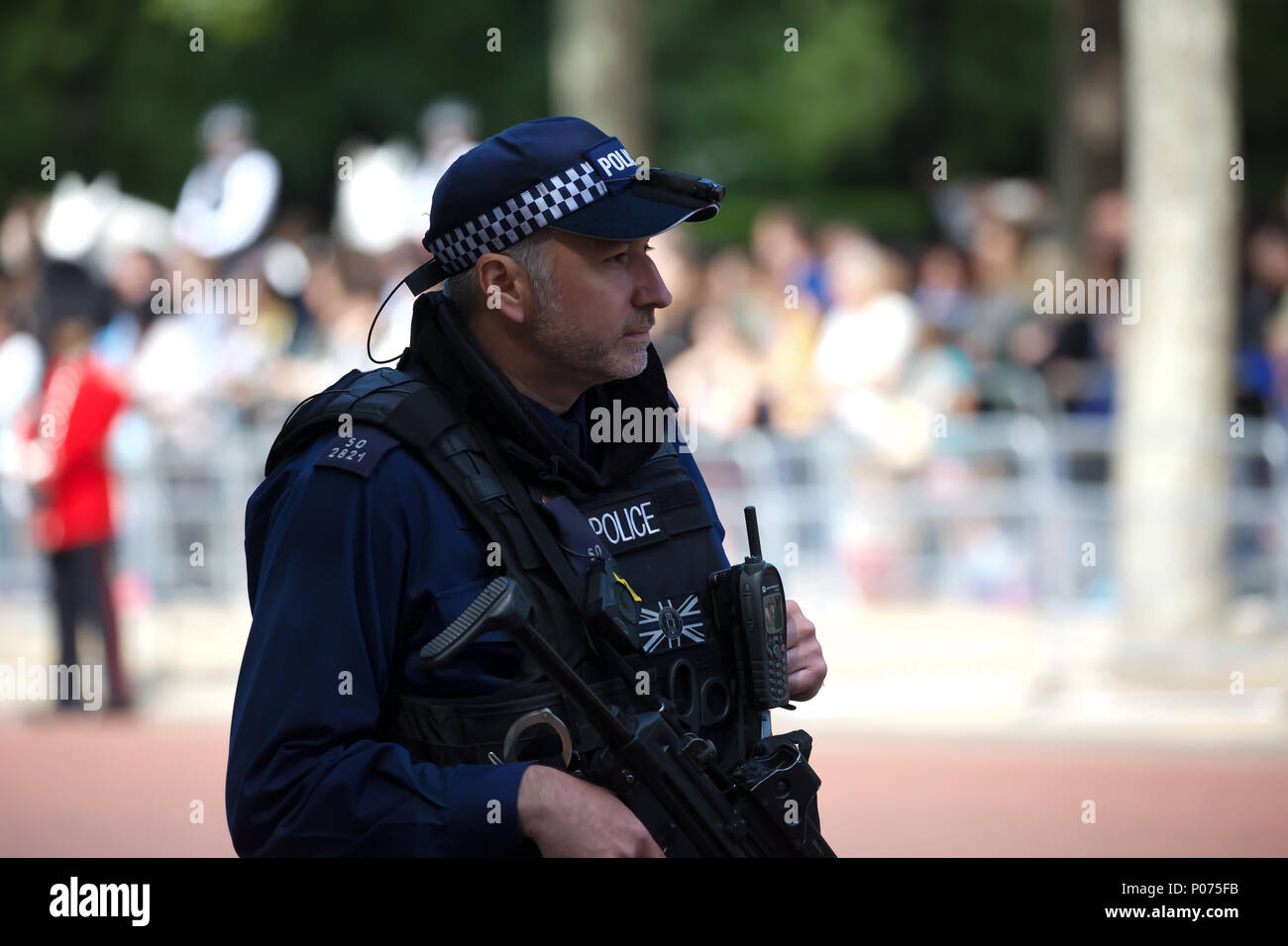 London,UK,9th June 2018,Police officer on duty at The annual Trooping the  Colour which took place in Horseguards Parade to mark the Queens official  Birthday. It was a traditional ceremony full of military