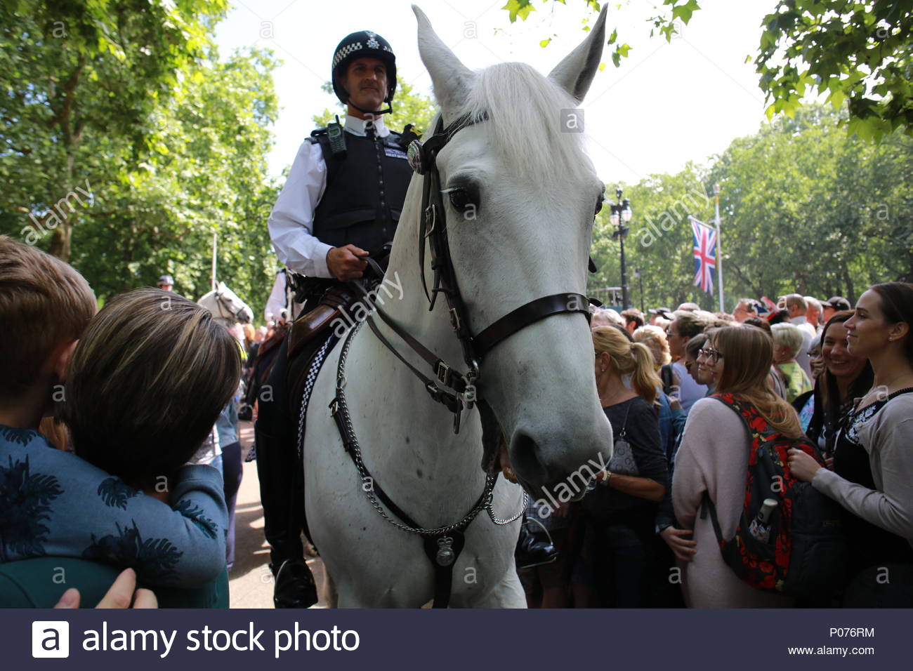 London, UK, 9 June 2018. The annual Trooping the Colour has taken place in London in honour of Queen Elizabeth's birthday. Thousands lined the streets to welcome Her Majesty and other members of the Royal Family as they travelled by coach from Buckingham Palace to Horse Guards Parade. Here a constable on horseback paves a way through the large crowd. Credit: Clearpix/Alamy Live News Stock Photo