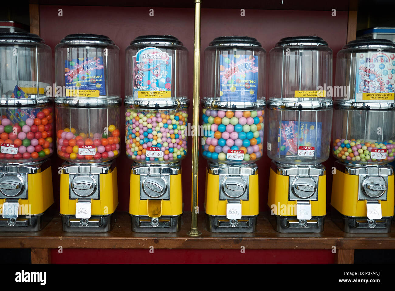 Milan, Italy - May 15, 2018 : candy dispenser with colorful bubble gum Stock Photo