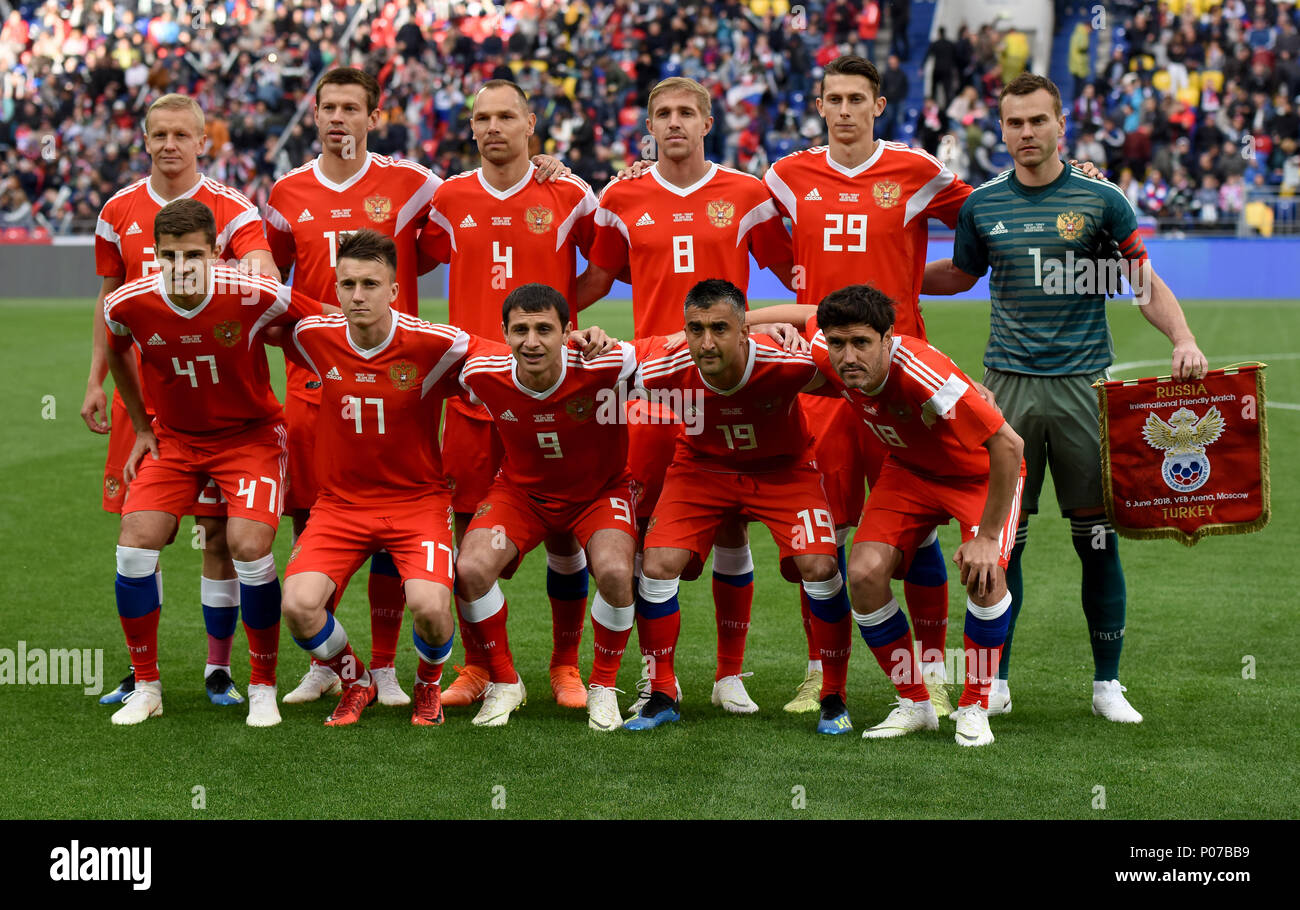 Moscow, Russia - June 5, 2018. National team of Russia before international friendly match against Turkey at VEB Arena stadium in Moscow. Stock Photo