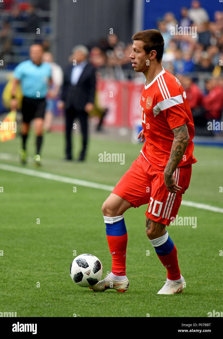 Moscow, Russia - June 5, 2018. Russian striker Fedor Smolov during international friendly against Russia at VEB Arena stadium in Moscow. Stock Photo