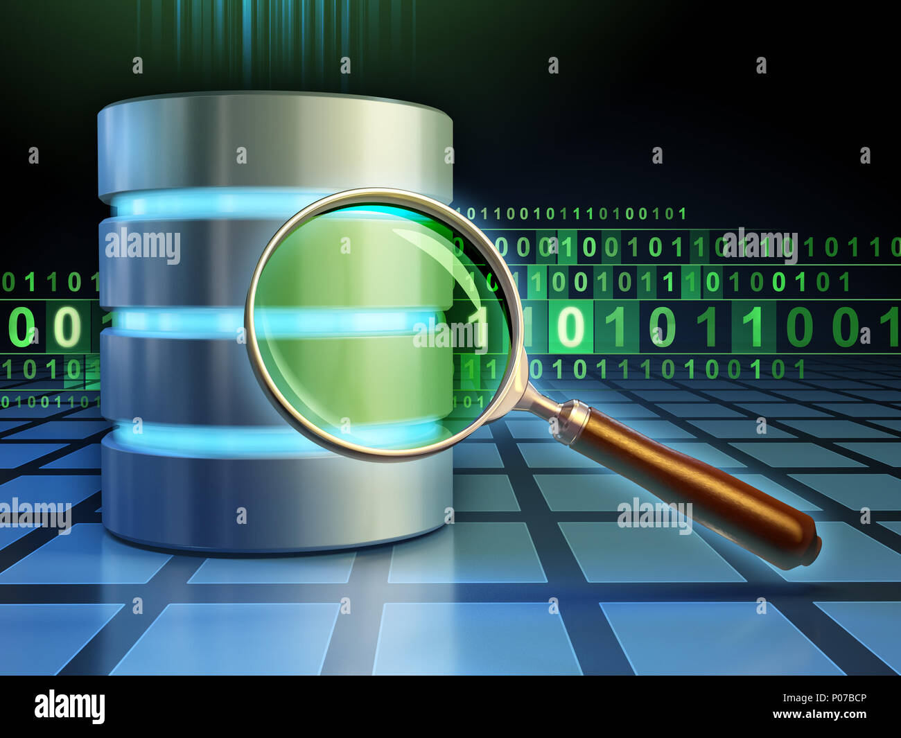 Database and magnifying lens over a binary code stream. 3D illustration. Stock Photo