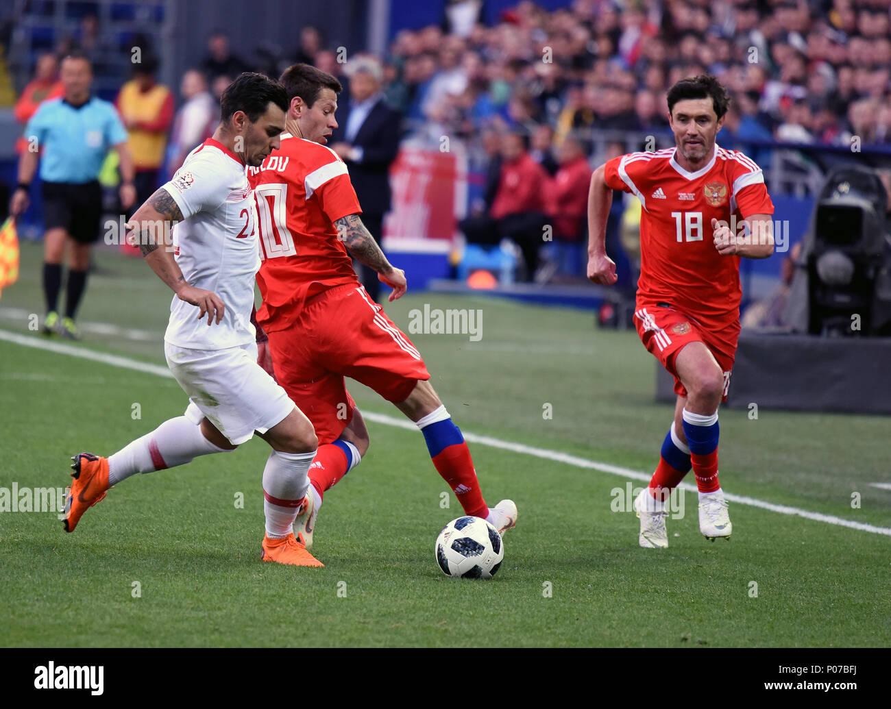 Moscow, Russia - June 5, 2018. Russian striker Fedor Smolov and midfielder Yuri Zhirkov against Turkish centreback Kaan Ayhan during international fri Stock Photo