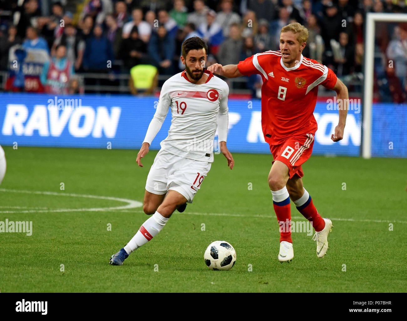 Moscow, Russia - June 5, 2018. Turkish attacking midfielder Yunus Malli against Russian midfielder Yury Gazinsky during international friendly against Stock Photo