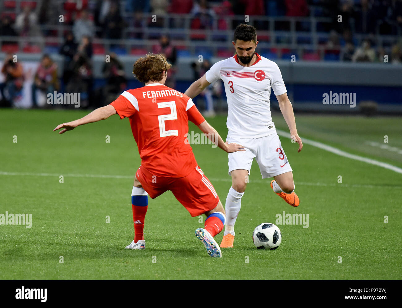 Moscow, Russia - June 5, 2018. Turkish wingback Hasan Ali Kaldirim and Russian defender Mario Fernandes during international friendly against Russia a Stock Photo