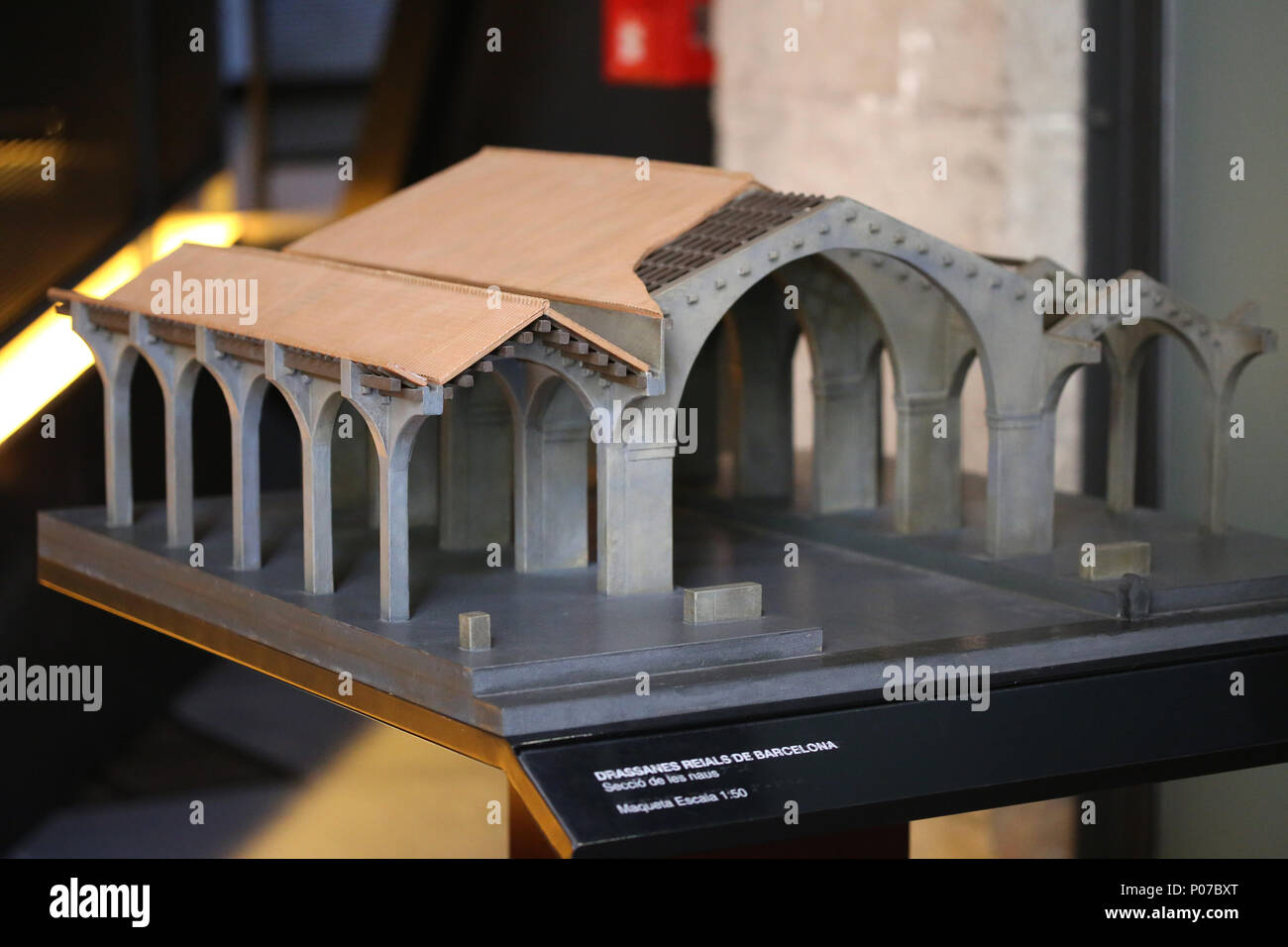 Scale Model. 1:50.  Barcelona Royal Shipyard, port. Gothic building. 13th century. Barcelona Maritime Museum. Barcelona, Catalonia, Spain. Stock Photo