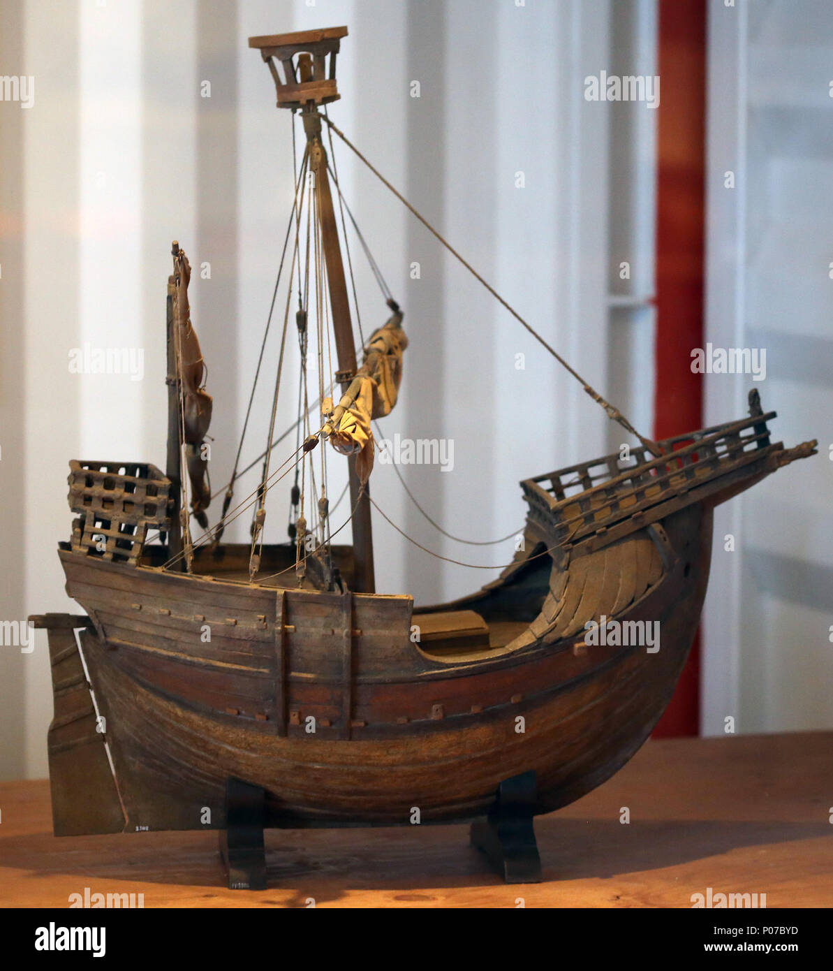 Coca of Mataro. Cocche votive model, Mediterranean adaptation of cog. 15th cent. Maritime Museum of Barcelona. Spain. Stock Photo