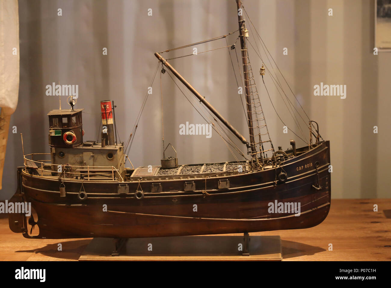 Model of Cap Roig. Small ship of Tansporting coal. Scale: 1:30. Maritime Museum of Barcelona, Catalonia, Spain. Stock Photo