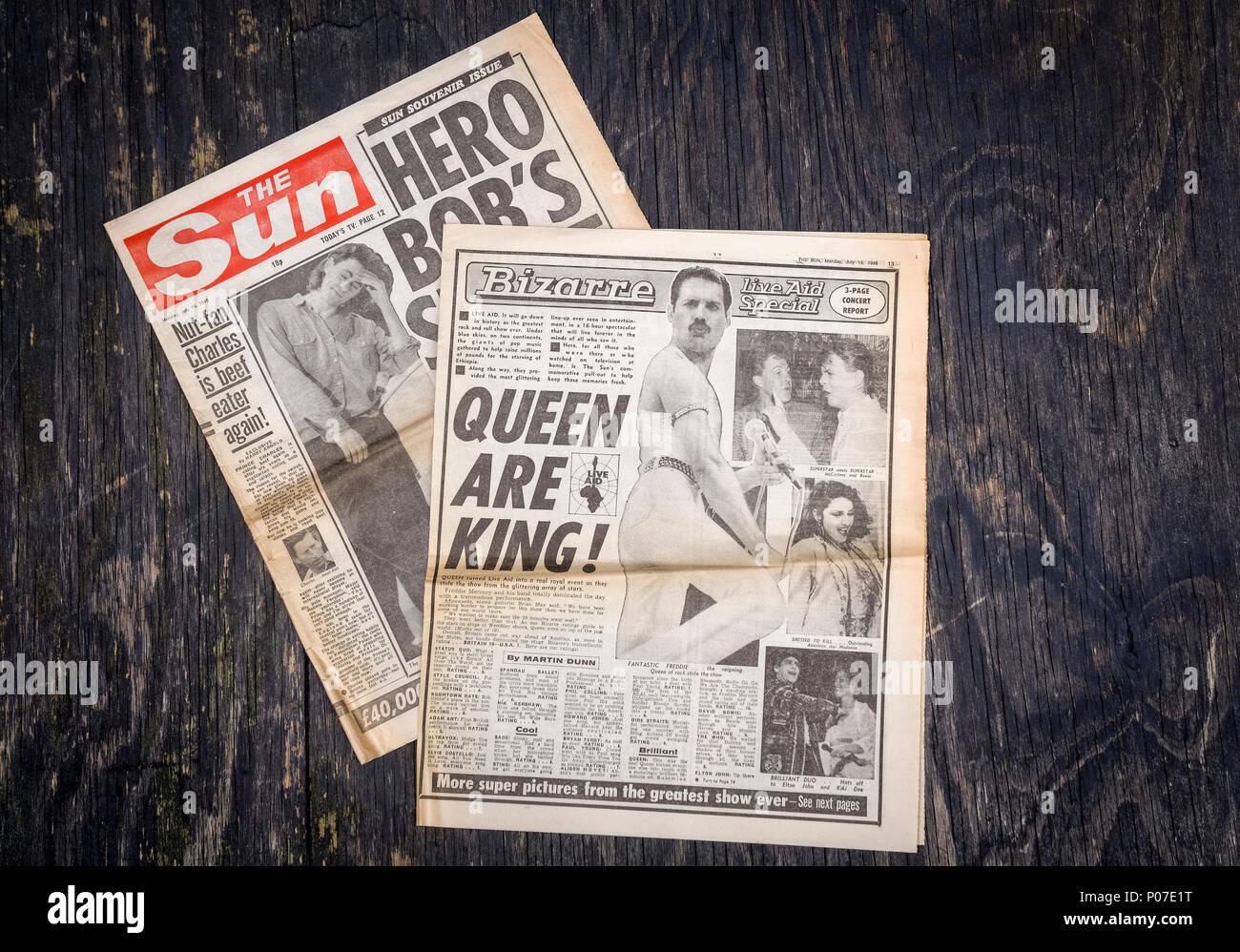 British Newspaper The Sun reporting on the charity live music event, Live Aid held at Wembley Stadium in London, 13th July 1985 by Sir Bob Geldof Stock Photo