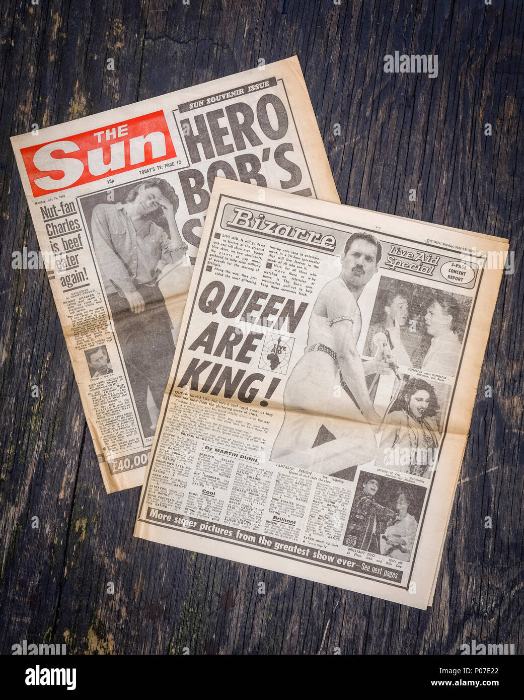 British Newspaper The Sun reporting on the charity live music event, Live Aid held at Wembley Stadium in London, 13th July 1985 by Sir Bob Geldof Stock Photo