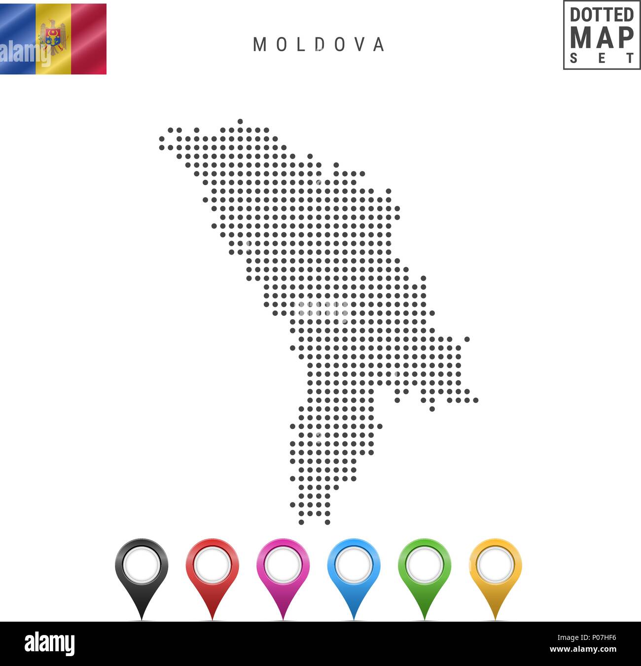 Vector Dotted Map of Moldova. Simple Silhouette of Moldova. National Flag of Moldova. Set of Multicolored Map Markers Stock Vector