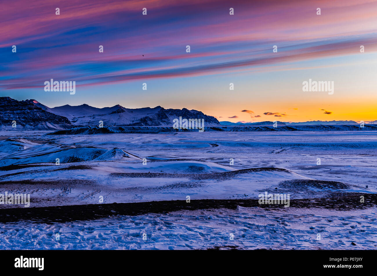 breathtaking colourful sunrise at Jökulsárlón glacier lake in Vatnajökull national park, iceland april 2018 Stock Photo
