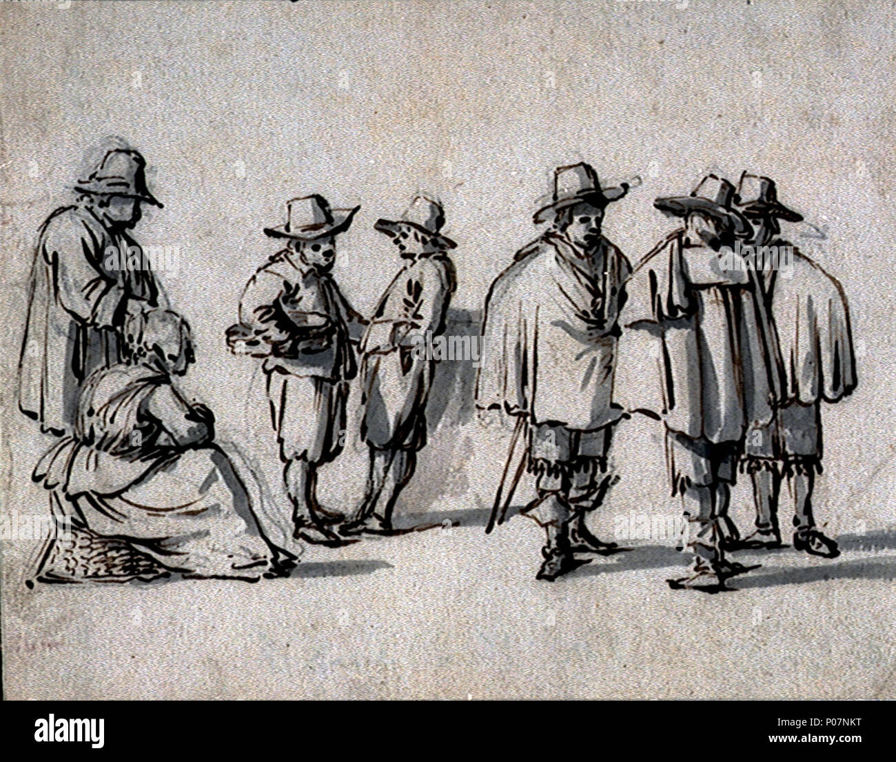 .  English: A group of seven people On the right, three gentlemen in cloaks and wide-brimmed hats are talking to each other. On the left, a woman is seated on a basket; a man is standing by her. In the background two men are engaged in conversation. The unsigned drawing has been attributed to Willem van de Velde, the Elder, as indicated by an old inscription on the back: 'Wm Vandevelt'. Its stylistic resemblance to drawings of similar subjects from the Milford Collection, now at the NMM, suggest a tentative date of about 1655. A group of seven people  . circa 1655. Willem Van de Velde, the Eld Stock Photo