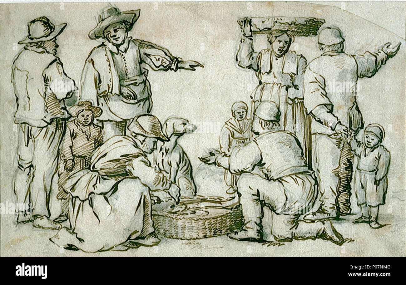 English: A group of six fishing people with three children In this study,  in the centre foreground, a man and a woman are kneeling by a fish basket;  a dog sitting