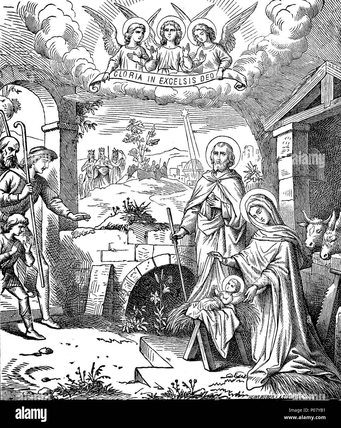 Christmas is an annual festival commemorating the birth of Jesus Christ, Ehre sei Gott in der HÃ¶he, Christi Geburt, Bethlehem, digital improved reproduction of an original print from the year 1881 Stock Photo