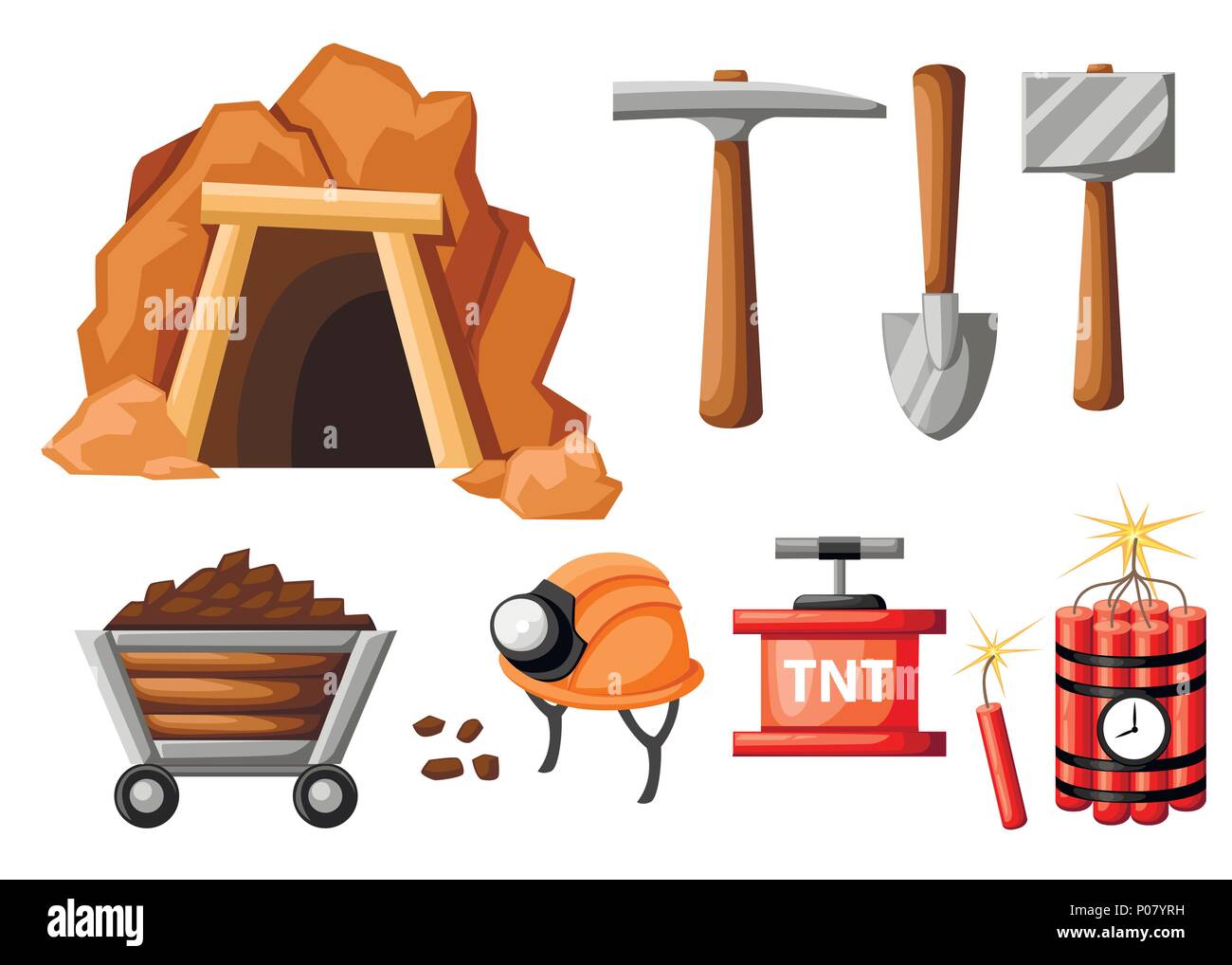 Mining icon set. Cartoon mine entrance, and tools for mining and quarrying. Retro tunnel. Old mine. Flat vector illustration isolated on white backgro Stock Vector