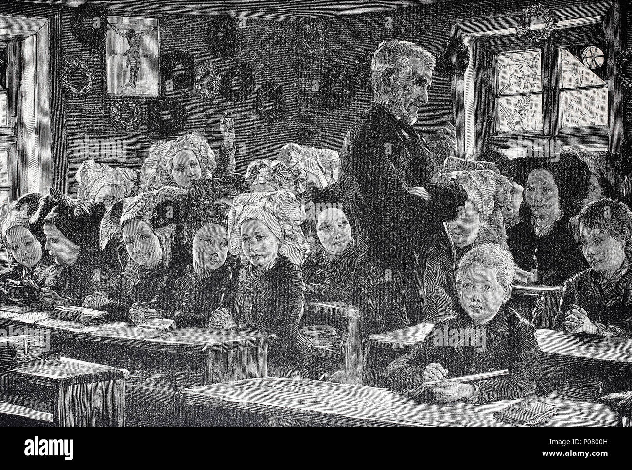 A school in the Lausitz, Upper Sorbian aera, Germany. Wendische Schule, Lausitz, Klassenzimmer, digital improved reproduction of an original print from the year 1881 Stock Photo