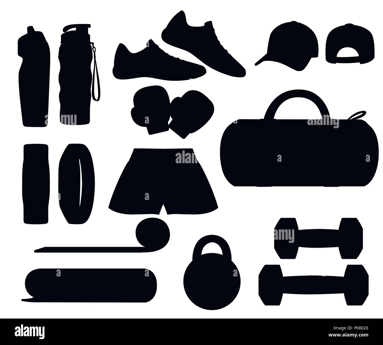 Black silhouette. Set of sports accessories and clothes. Icons for classes  in the gym. Vector illustration isolated on white background Stock Vector  Image & Art - Alamy