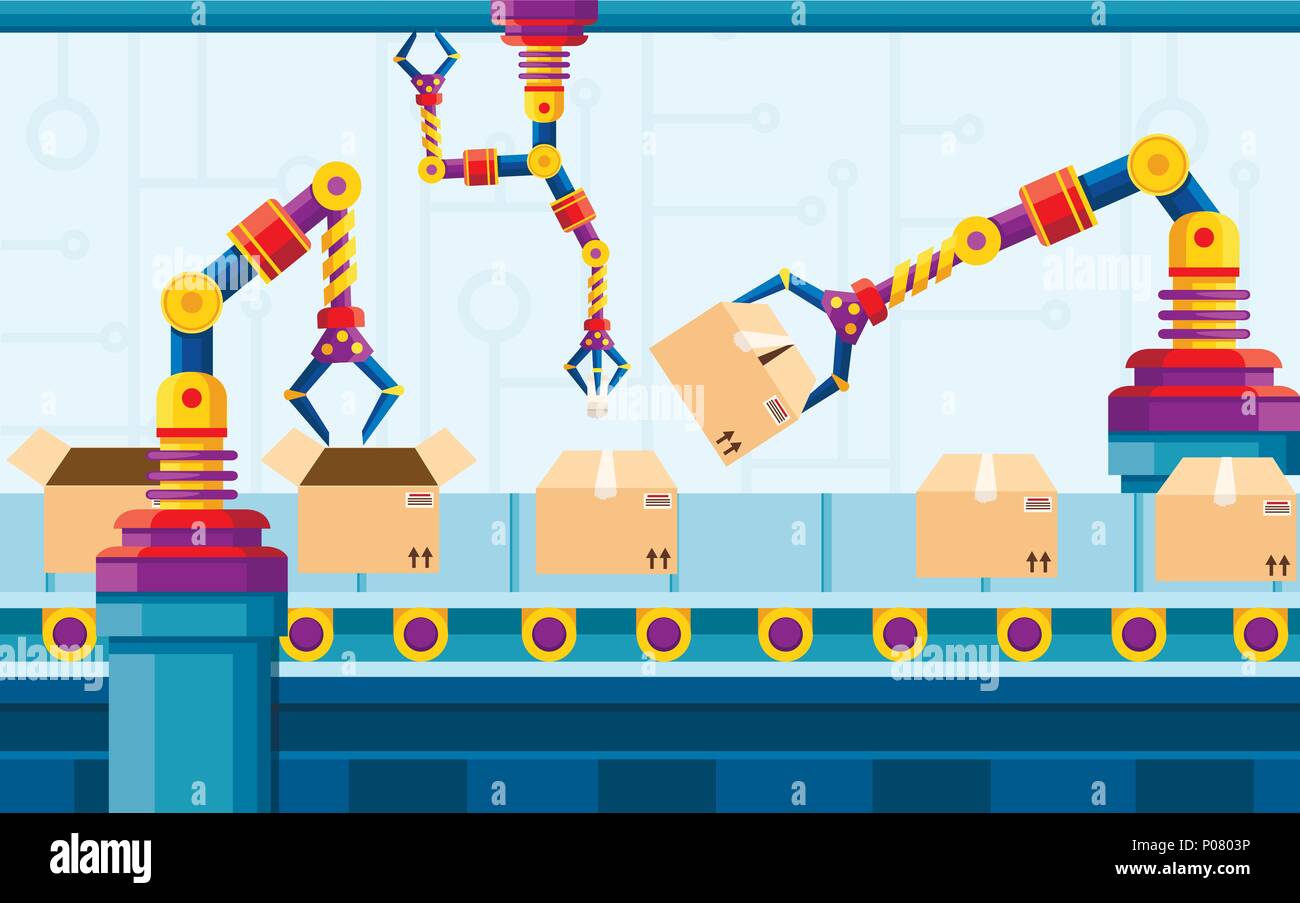 Industrial automation. Robotic arm technology at assembly line. Automated robot arms. Robotic conveyor belt for packaging of products in cardboard box Stock Vector